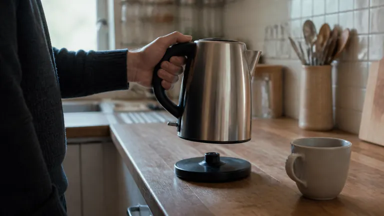Hand lifting a kettle off its base beside a mug on a counter