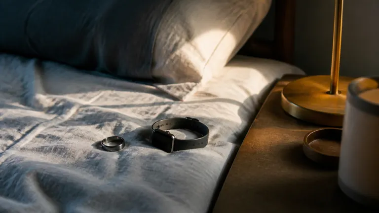 A smart ring and smartwatch on a nightstand beside rumpled bedding at dawn.