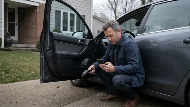 A buyer checks a used car with a small plug-in scanner and his phone on a driveway