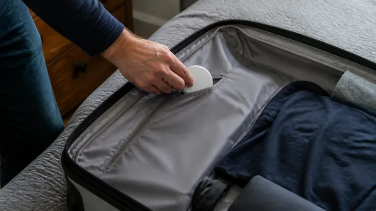 Hand placing a small round disc into an open suitcase pocket