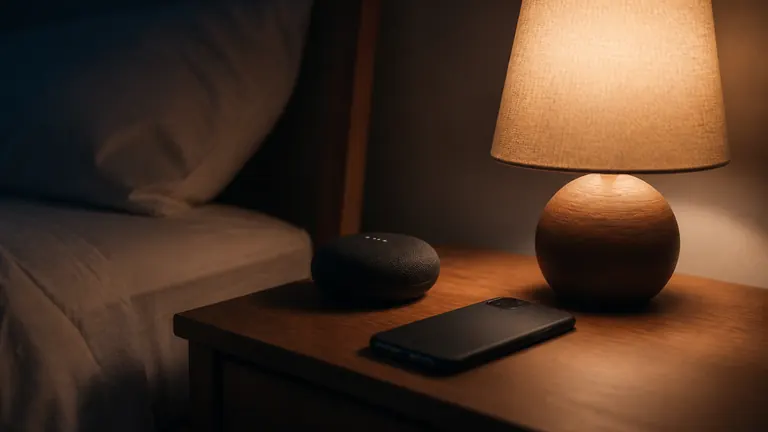 Small speaker and face-down phone on a bedside table at night