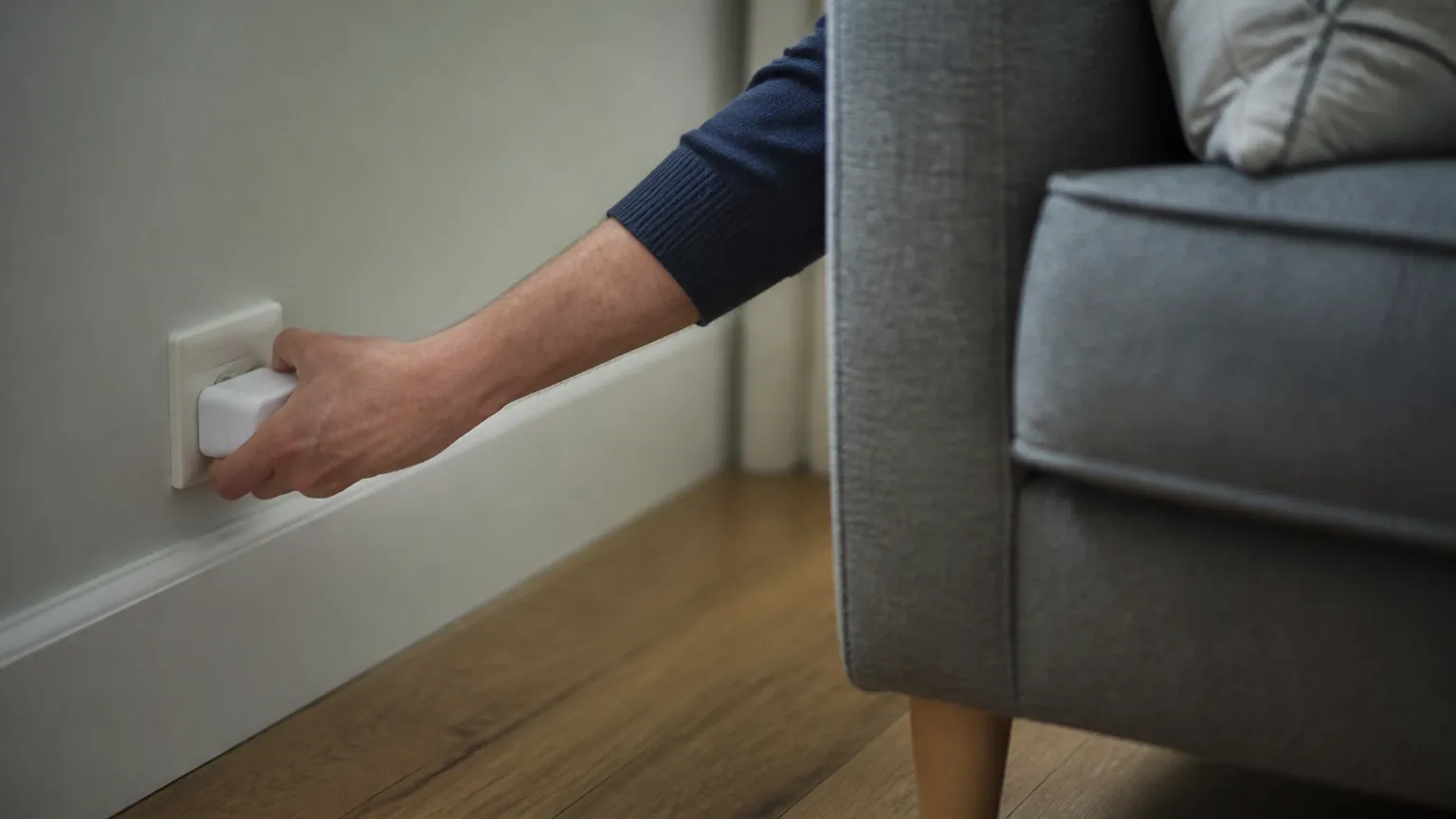 Hand inserting a small plug adapter into a wall socket near a sofa