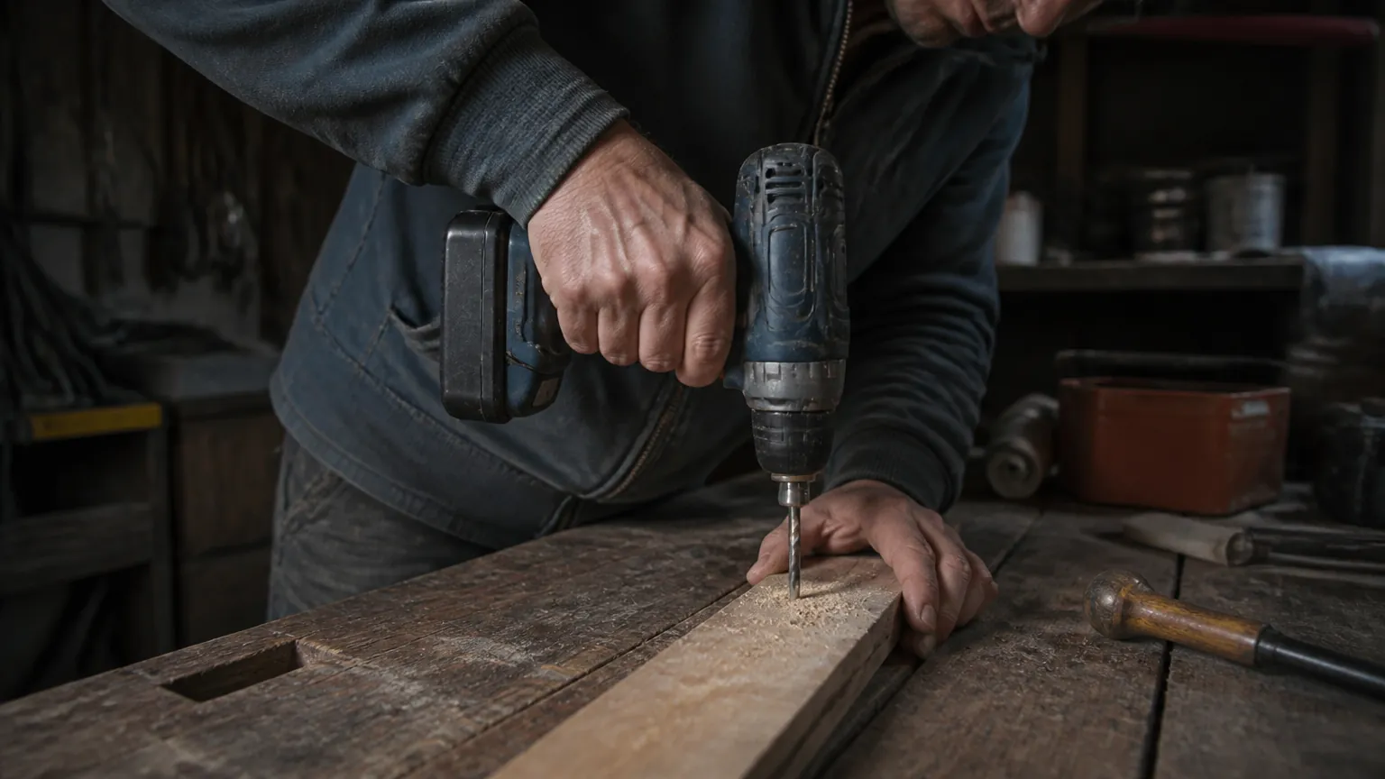 Hand holding a cordless drill above a plank on a workbench